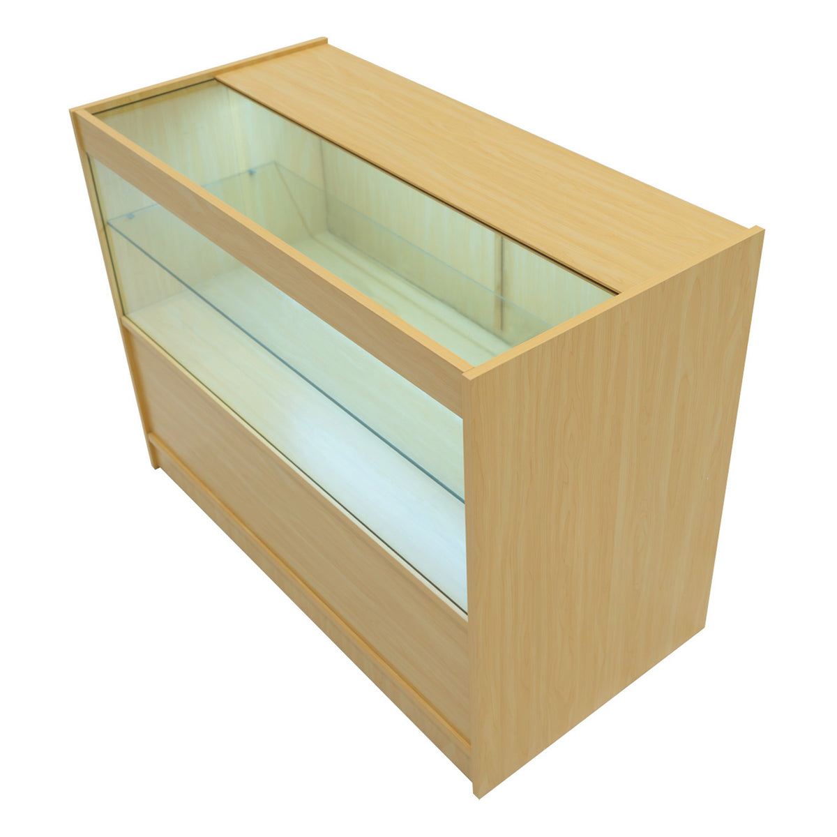 Verkaufstheke aus hellem Ahornholz mit gläserner Front, bietet viel Platz für Produkte und hat eine glatte, moderne Oberfläche