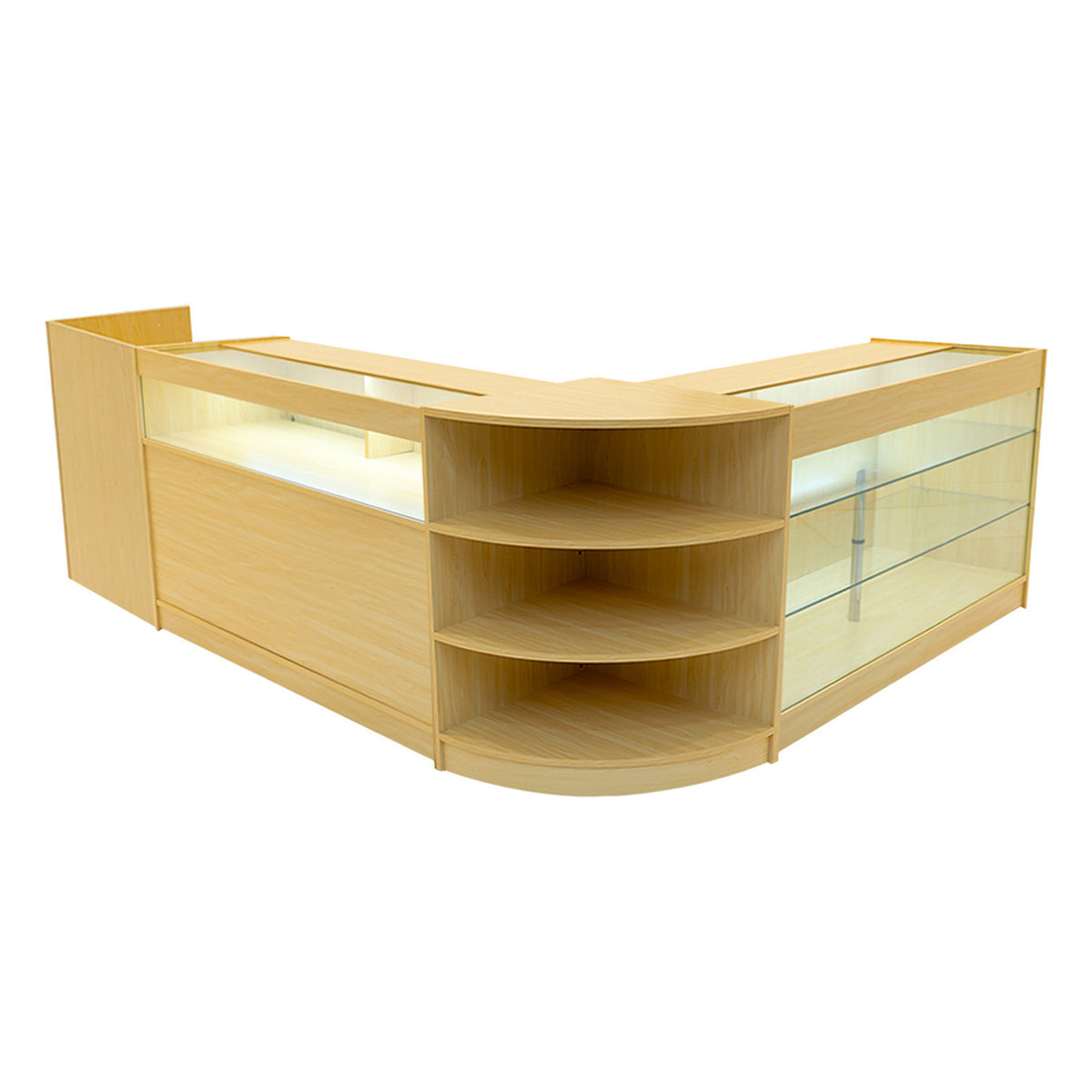 Elegantes Hyperion LED Verkaufstheken-Set in Ahorn, mit klaren Glasflächen, abgerundeten Regalen und modernem, funktionalem Design für Verkaufsräume