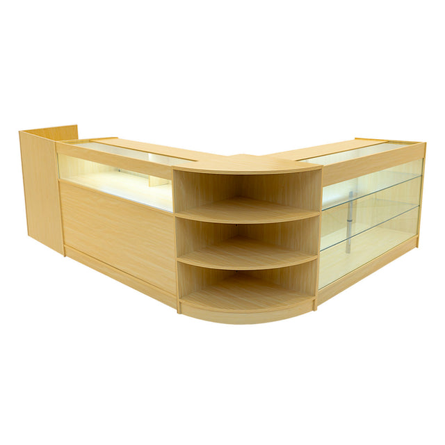 Elegantes Hyperion LED Verkaufstheken-Set in Ahorn, mit klaren Glasflächen, abgerundeten Regalen und modernem, funktionalem Design für Verkaufsräume