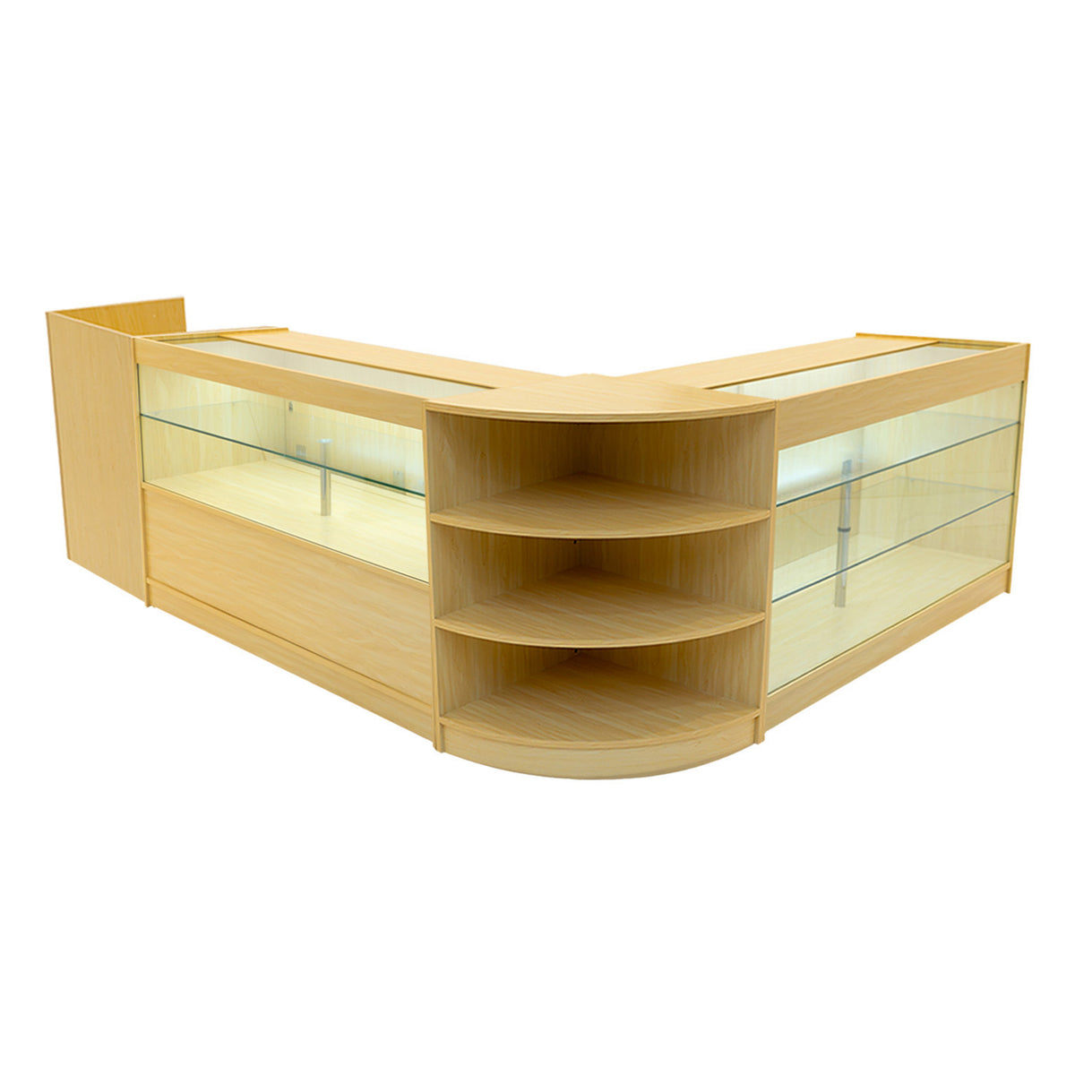 Verkaufstheken-Set in hellem Ahornholz mit gläsernen Regalen, eleganter, moderner Form und sanften Kurven, ideal für Einzelhandelsgeschäfte