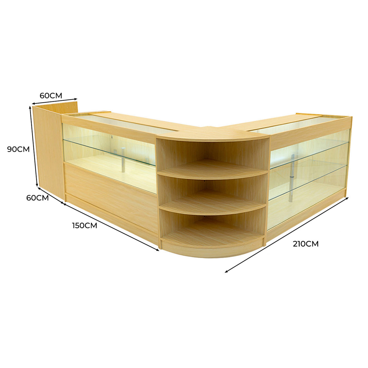 Verkaufstheken-Set in Ahorn mit LED-Beleuchtung, bestehend aus zwei Vitrinen und Regalen, modern und funktional, ideal für Einzelhandel und Ausstellungen
