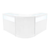 Elegantes Verkaufstheken-Set in Weiß, bestehend aus zwei L-förmigen Modulen mit transparenten Glasflächen und glatten Oberflächen für modernen Einzelhandel