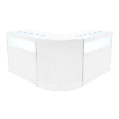 Elegantes Verkaufstheken-Set in Weiß, bestehend aus zwei L-förmigen Modulen mit transparenten Glasflächen und glatten Oberflächen für modernen Einzelhandel