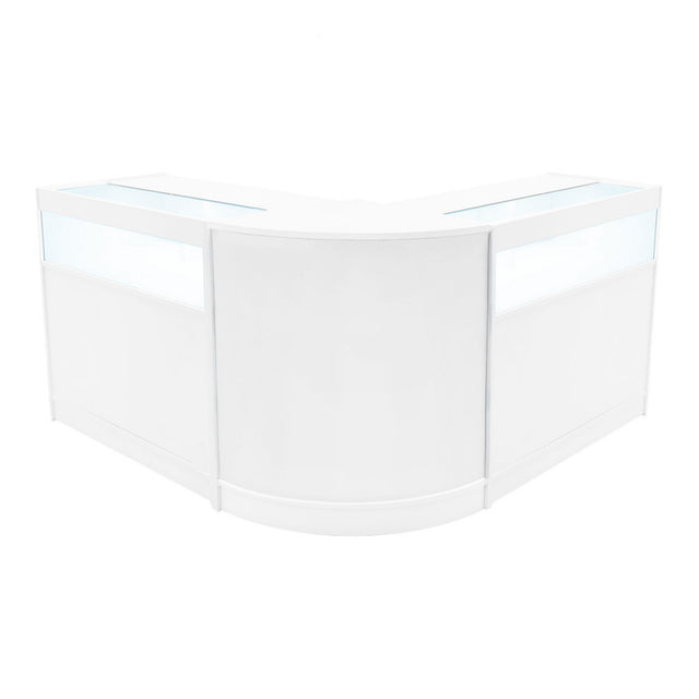 Elegantes Verkaufstheken-Set in Weiß, bestehend aus zwei L-förmigen Modulen mit transparenten Glasflächen und glatten Oberflächen für modernen Einzelhandel