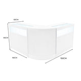 Elegantes, weißes Iris LED Verkaufstheken-Set mit abgerundeten Kanten, zwei Stück, ideal für Verkaufsräume und Ausstellungen, mit transparenten Glasflächen