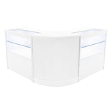Elegantes, weißes LED Verkaufstheken-Set mit zwei Vitrinen, abgerundeten Kanten und transparenten Glasflächen für optimale Produktpräsentation