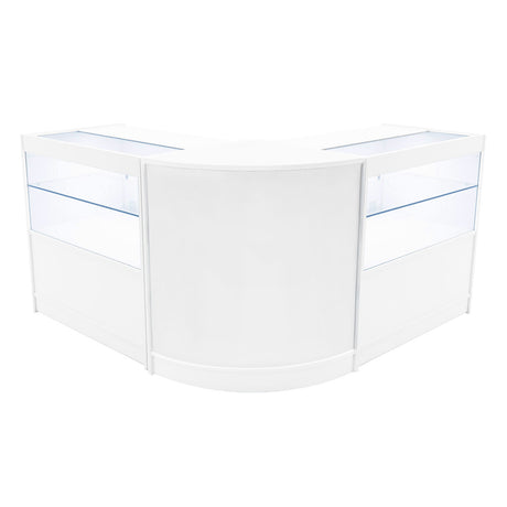 Elegantes, weißes LED Verkaufstheken-Set mit zwei Vitrinen, abgerundeten Kanten und transparenten Glasflächen für optimale Produktpräsentation