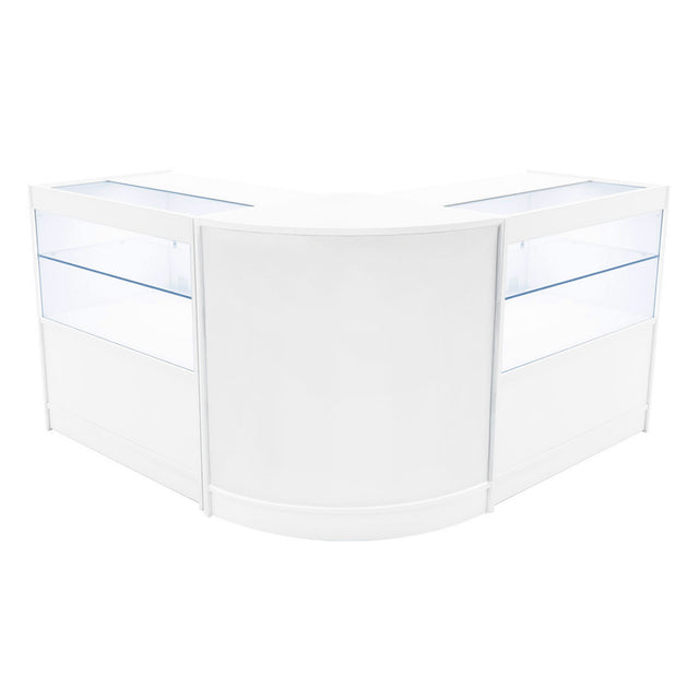Elegantes, weißes LED Verkaufstheken-Set mit zwei Vitrinen, abgerundeten Kanten und transparenten Glasflächen für optimale Produktpräsentation