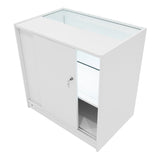Weißes LED Verkaufstheken-Set mit Glasoberfläche, Schiebetüren und beleuchtetem Innenraum, ideal für ansprechende Produktpräsentationen