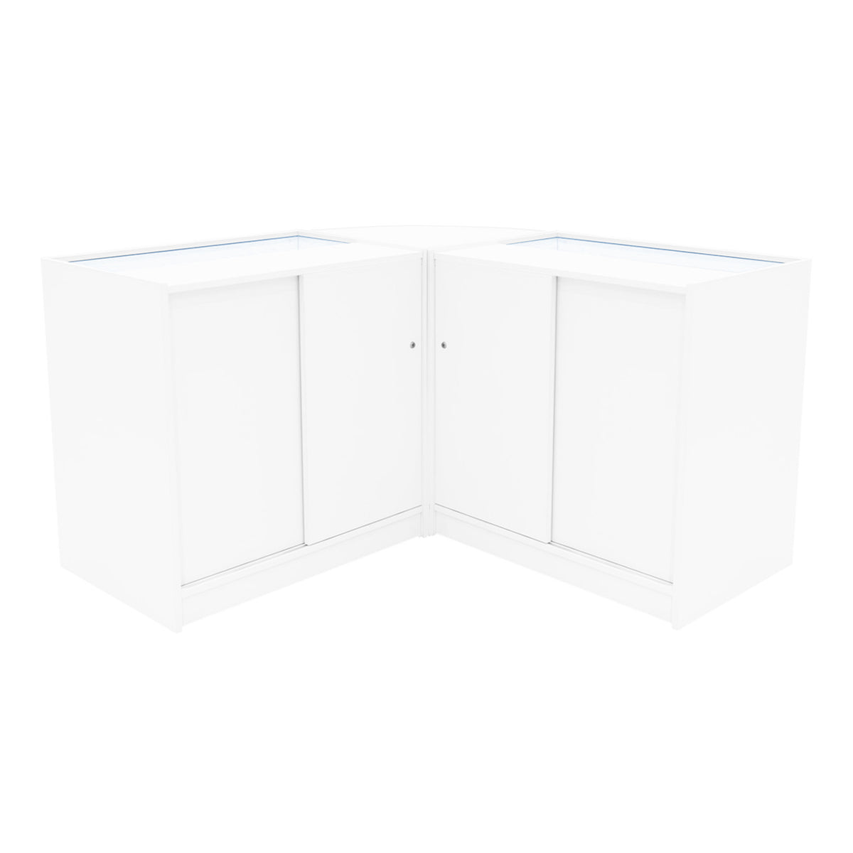 Eckverkaufstheke aus weißem MDF mit gläserner Oberseite, zwei Schiebetüren und modernem, minimalistischen Design für Verkaufsräume