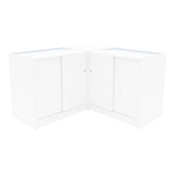 Eckverkaufstheke aus weißem MDF mit gläserner Oberseite, zwei Schiebetüren und modernem, minimalistischen Design für Verkaufsräume