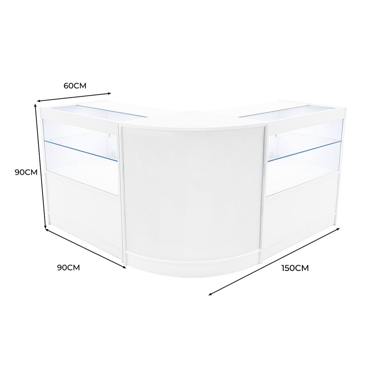 Elegantes, weißes LED Verkaufstheken-Set mit zwei Einheiten, abgerundeten Kanten, Glasregalen und modernen Maßen für optimale Präsentation