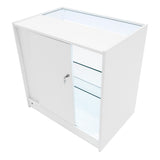 Weißes LED-Verkaufstheken-Set mit gläsernen Regalen, abschließbarem Schrank und modernem, minimalistischen Design für ansprechende Präsentation