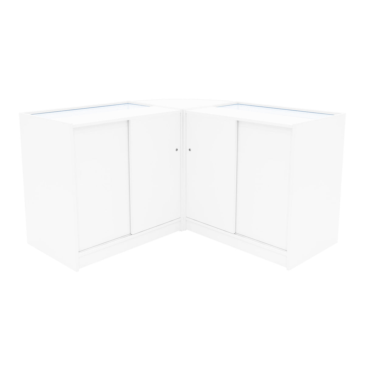 Zwei weiße LED Verkaufstheken im modernen Design, mit glatten Oberflächen und transparenten Glasabdeckungen, ideal für Verkaufsräume und Ausstellungen