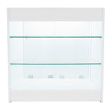 Weißes LED Verkaufstheken-Set mit zwei Glasregalen, modernem Design und klaren Linien, ideal für die Präsentation von Produkten