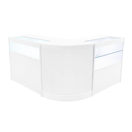 Elegante, weiße LED Ladentheke mit abgerundeten Ecken, Glasvitrinen und klaren Linien, ideal für moderne Verkaufsräume und Ausstellungen