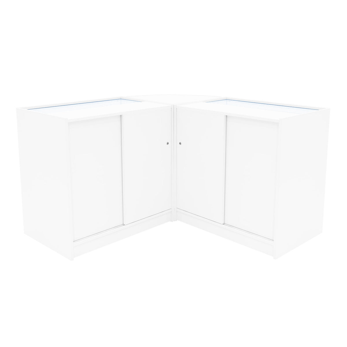Eckige, weiße LED Ladentheke aus hochwertigem Material mit glatten Oberflächen und transparenten Glasabdeckungen, ideal für Verkaufsräume
