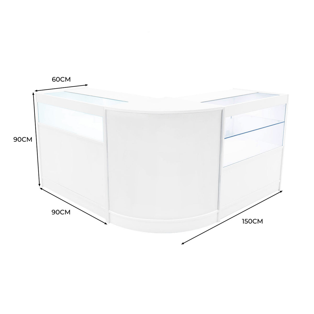Elegante, weiße LED Ladentheke mit abgerundeten Kanten, transparenten Glasflächen und großzügigem Stauraum, ideal für moderne Verkaufsräume