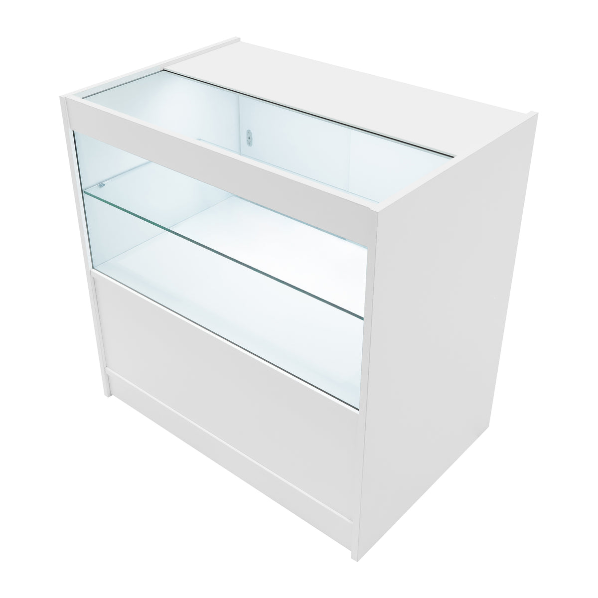 Moderne, weiße LED Ladentheke mit gläserner Vitrine, ideal für die Präsentation von Produkten, elegantes Design und klare Linienführung