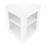 Eckige, weiße LED Ladentheke mit zwei offenen Regalen, glatte Oberfläche und modernes Design, ideal für Verkaufsräume und Ausstellungen