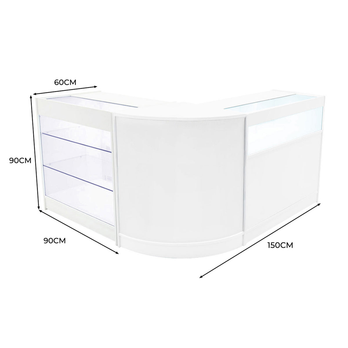 Elegantes, weißes Triton LED Verkaufstheken-Set mit abgerundeten Kanten, transparenten Regalen und integrierter Beleuchtung, ideal für Verkaufsräume