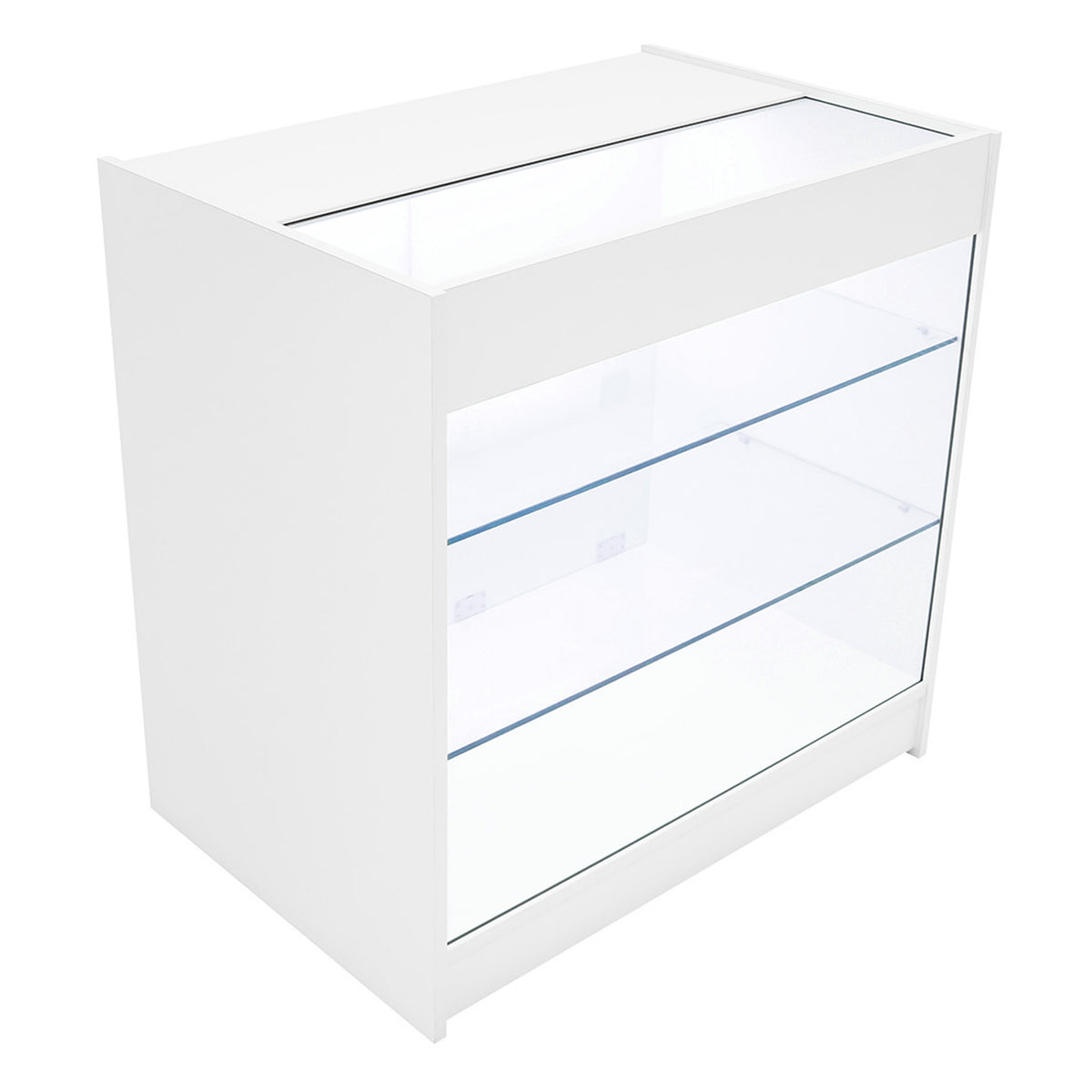 Weißes Verkaufstheken-Set mit zwei Glasregalen, modernem Design und klaren Linien, ideal für die Präsentation von Produkten in Geschäften