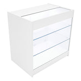 Weißes Verkaufstheken-Set mit zwei Glasregalen, modernem Design und klaren Linien, ideal für die Präsentation von Produkten in Geschäften
