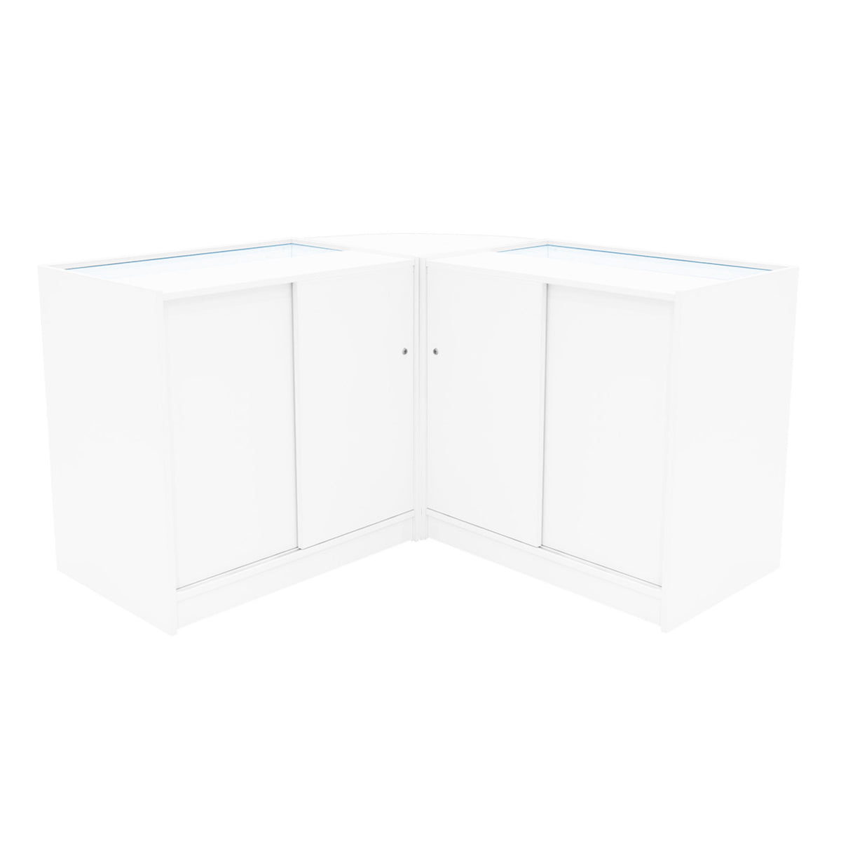 Hera LED Verkaufstheken-Set in Weiß, bestehend aus zwei eleganten, modernen Theken mit gläsernen Oberflächen und geschlossenen Fächern für optimalen Stauraum