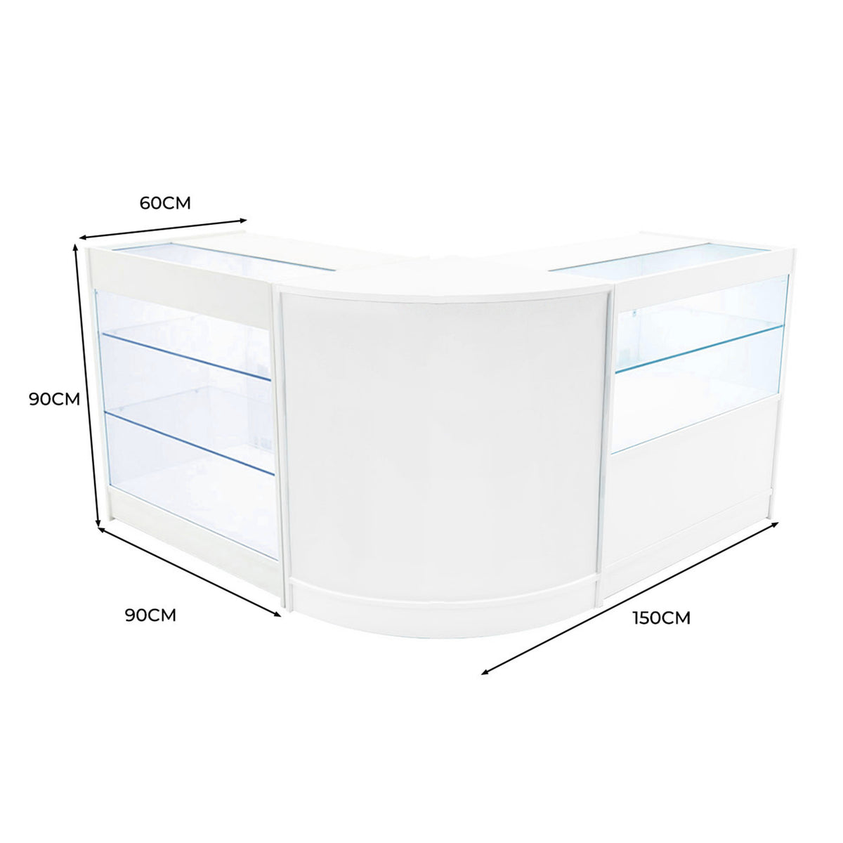 Elegantes Verkaufstheken-Set in Weiß mit gläsernen Regalen, abgerundeter Form und modernen Maßen von 150 cm x 90 cm x 60 cm, ideal für den Einzelhandel