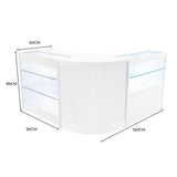 Elegantes Verkaufstheken-Set in Weiß mit gläsernen Regalen, abgerundeter Form und modernen Maßen von 150 cm x 90 cm x 60 cm, ideal für den Einzelhandel