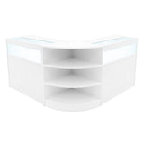 Elegantes, weißes LED-Verkaufstheken-Set mit zwei Ecken, glatten Oberflächen und offenen Regalen für optimale Präsentation und Beleuchtung