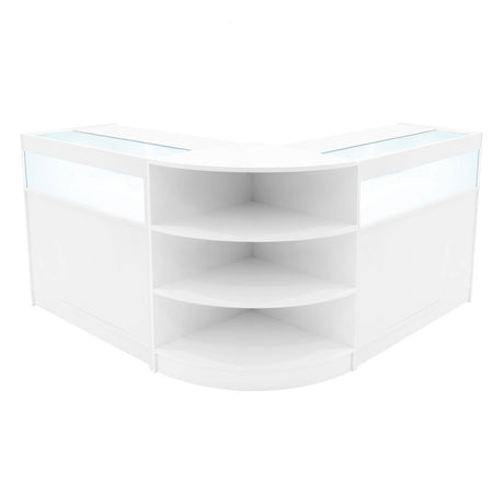 Elegantes, weißes LED-Verkaufstheken-Set mit zwei Ecken, glatten Oberflächen und offenen Regalen für optimale Präsentation und Beleuchtung