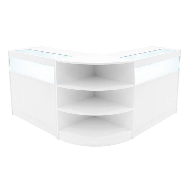 Elegantes, weißes LED-Verkaufstheken-Set mit zwei Ecken, glatten Oberflächen und offenen Regalen für optimale Präsentation und Beleuchtung