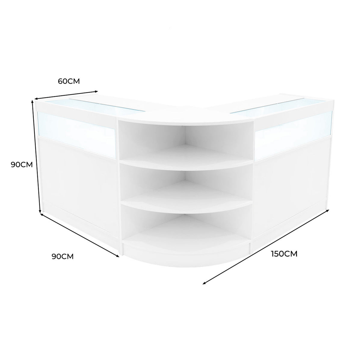 Elegantes, weißes LED Verkaufstheken-Set in L-Form mit zwei Regalen, abgerundeten Kanten und transparenten Glasflächen für moderne Präsentation