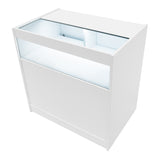Weißes LED Verkaufstheken-Set mit gläserner Front, modernem Design und sanfter Beleuchtung, ideal für Verkaufsräume und Ausstellungen