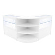 Elegantes, weißes Andromeda LED Verkaufstheken-Set mit zwei Ecken, Glasflächen und offenen Regalen für optimale Produktpräsentation