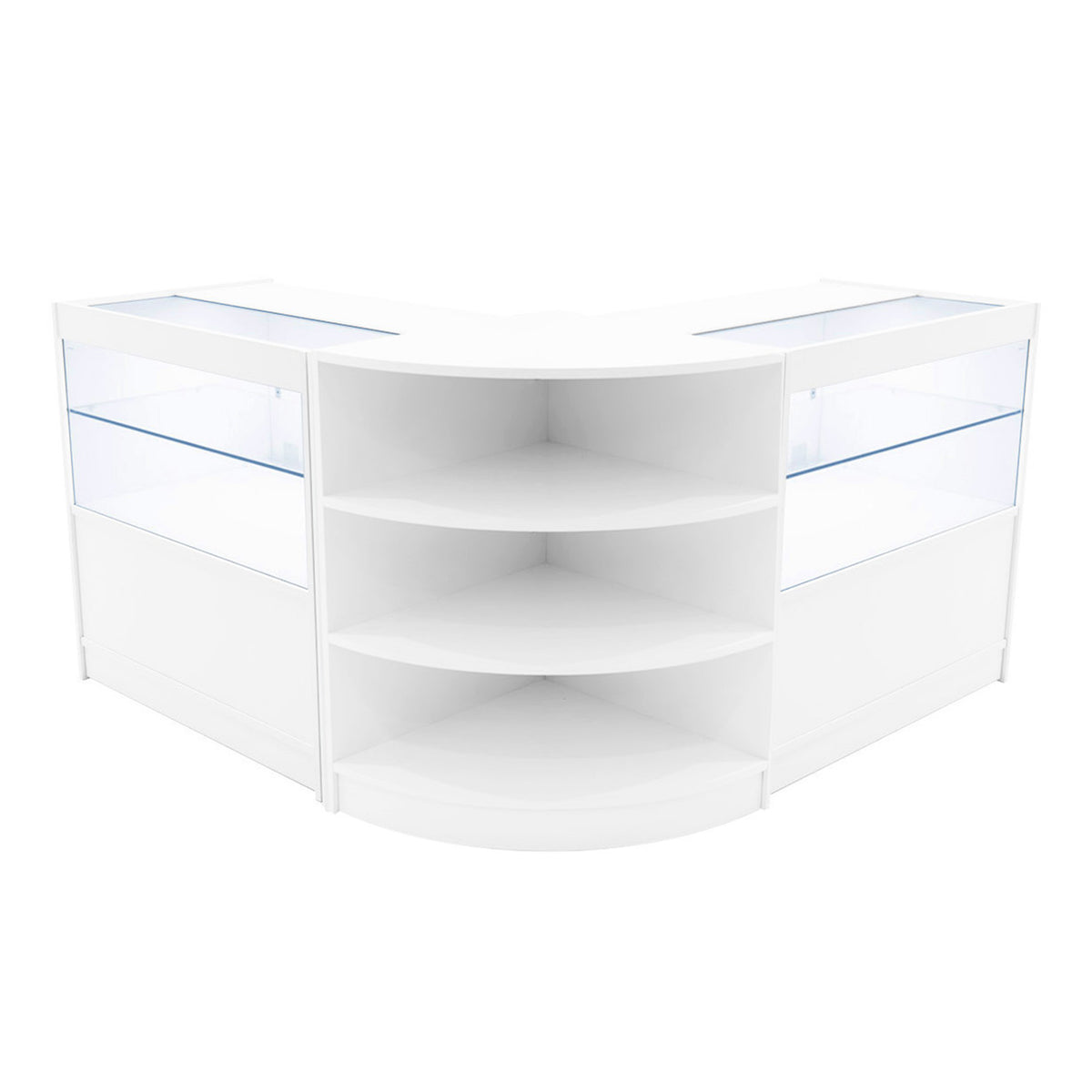 Elegantes, weißes Andromeda LED Verkaufstheken-Set mit zwei Ecken, Glasflächen und offenen Regalen für optimale Produktpräsentation