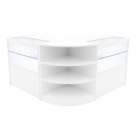 Elegantes, weißes Andromeda LED Verkaufstheken-Set mit zwei Ecken, Glasflächen und offenen Regalen für optimale Produktpräsentation