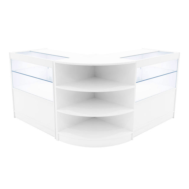 Elegantes, weißes Andromeda LED Verkaufstheken-Set mit zwei Ecken, Glasflächen und offenen Regalen für optimale Produktpräsentation