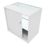 Weißes Andromeda LED Verkaufstheken-Set mit Glastür, beleuchtetem Innenraum und glatten Oberflächen, ideal für die Präsentation von Produkten