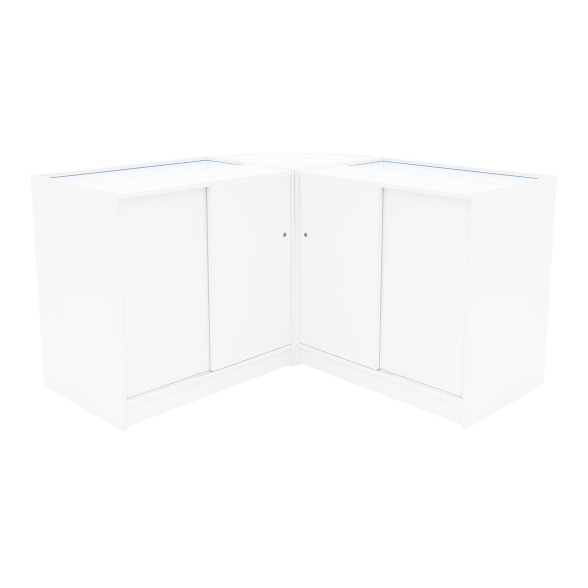 Eckige Verkaufstheke aus weißem Material mit Glasoberfläche, zwei Schiebetüren und modernem Design, ideal für Verkaufsräume und Ausstellungen