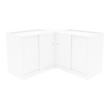 Eckige Verkaufstheke aus weißem Material mit Glasoberfläche, zwei Schiebetüren und modernem Design, ideal für Verkaufsräume und Ausstellungen