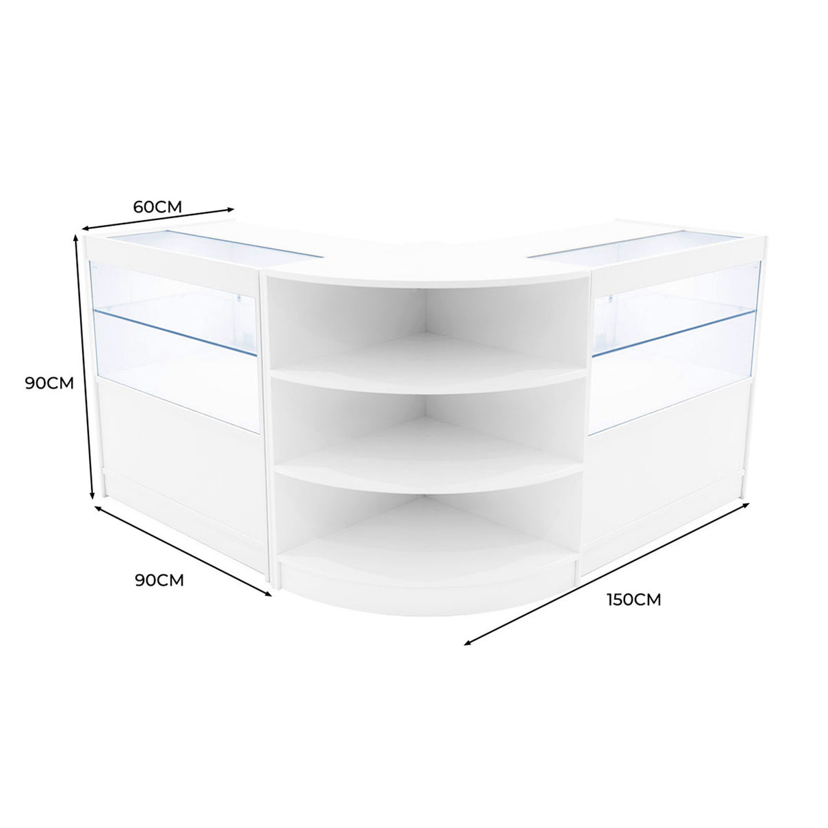 Elegantes Andromeda LED Verkaufstheken-Set in Weiß, mit gläsernen Vitrinen und offenen Regalen, ideal für den Einzelhandel oder Messen, modern und funktional