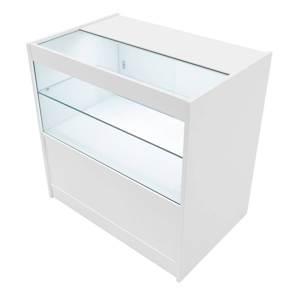 Elegantes, weißes Andromeda LED Verkaufstheken-Set mit zwei gläsernen Regalen und einer glatten, modernen Oberfläche, ideal für den Einzelhandel