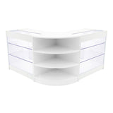 Elegantes, weißes Verkaufstheken-Set mit transparenten Glasflächen und abgerundeten Ecken, ideal für die Präsentation von Produkten in Geschäften