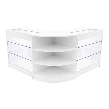 Elegantes, weißes Verkaufstheken-Set mit transparenten Glasflächen und abgerundeten Ecken, ideal für die Präsentation von Produkten in Geschäften