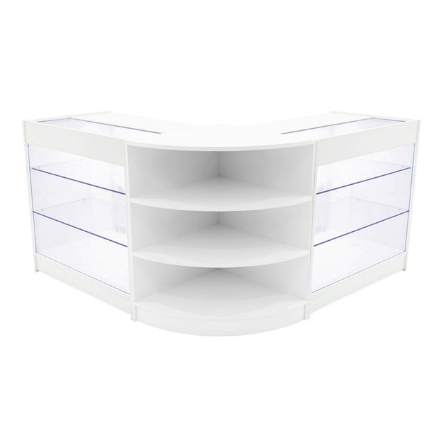 Elegantes, weißes Verkaufstheken-Set mit transparenten Glasflächen und abgerundeten Ecken, ideal für die Präsentation von Produkten in Geschäften