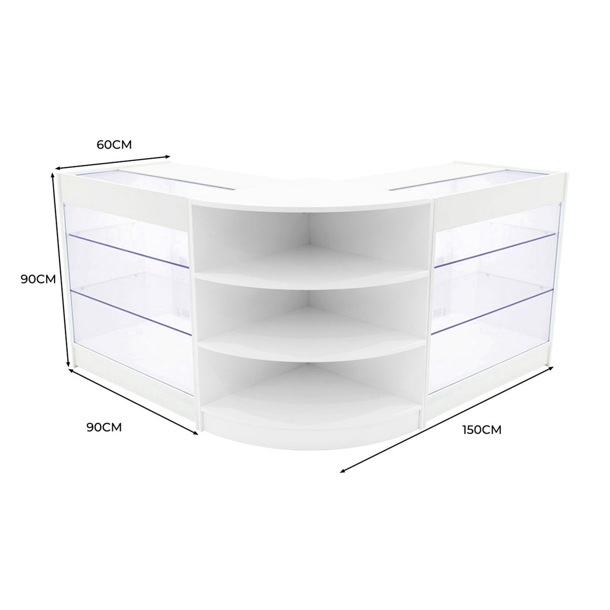Elegantes, weißes LED-Verkaufstheken-Set mit zwei gebogenen Theken, transparenten Regalen und modernen, klaren Linien, ideal für Verkaufsräume