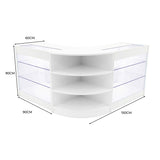 Elegantes, weißes LED-Verkaufstheken-Set mit zwei gebogenen Theken, transparenten Regalen und modernen, klaren Linien, ideal für Verkaufsräume