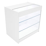 Weißes LED Verkaufstheken-Set mit zwei Regalen aus klarem Glas, modernem Design und glatter Oberfläche, ideal für die Präsentation von Produkten
